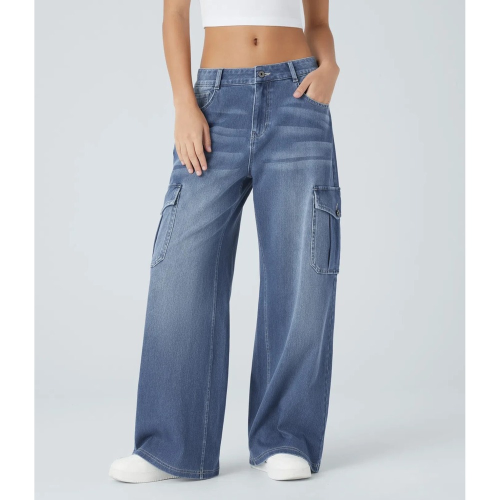 Halara Flex Low Rise Pockets Casual Baggy Wide Leg Cargo Jeans XL Regular
